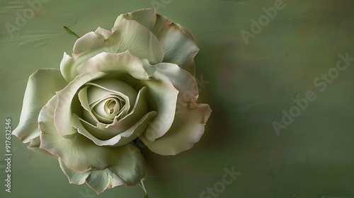 A soft sage rose unfolding on a muted green wall, with delicate folds and a natural ambiance