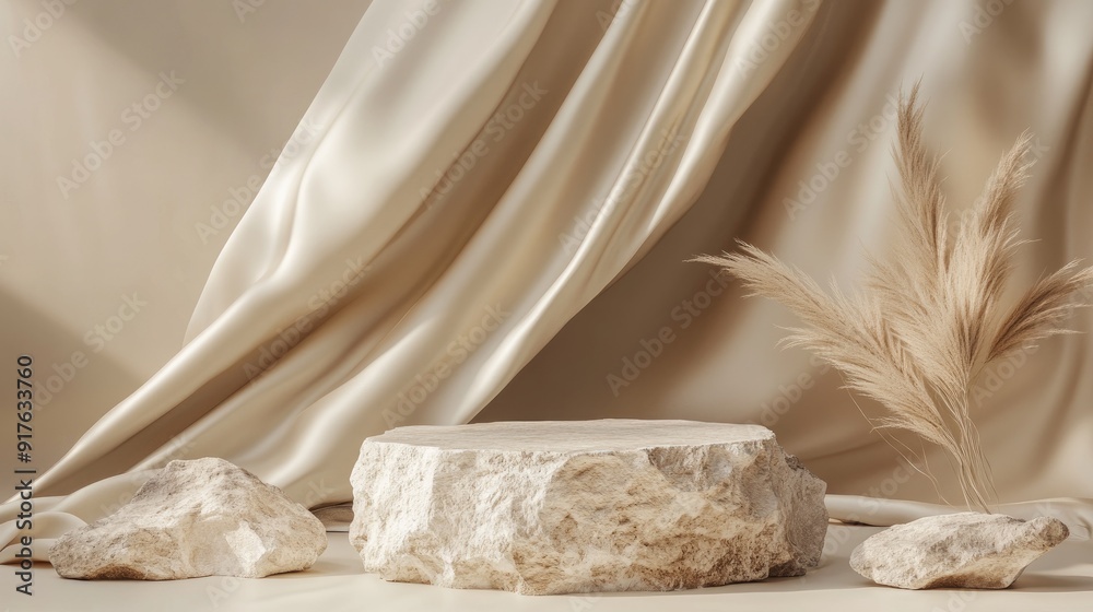 Broken stone podium displayed on a beige background decorated with luxurious fabric. Broken stone podium displayed on a beige background decorated with luxurious fabric.