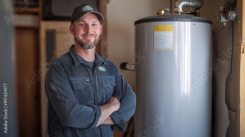 Confident Water Heater Technician:  A friendly and skilled plumber, wearing a blue shirt and a cap, stands confidently in front of a water heater, exuding professionalism and expertise. 