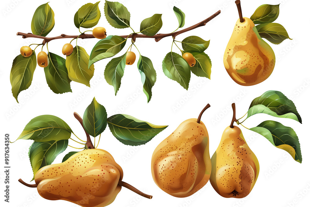 Fresh pears surrounded by green leaves illustrations set Fresh pears surrounded by green leaves illustrations set