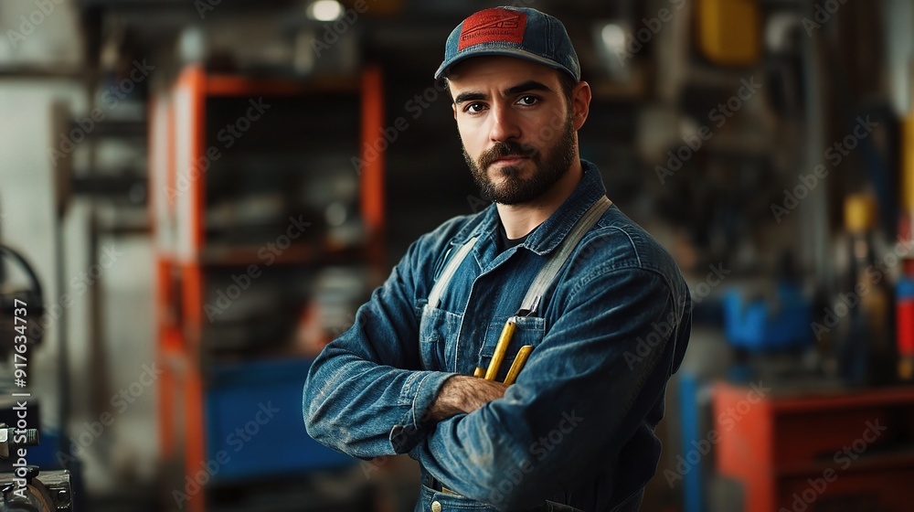 Confident Mechanic: A skilled mechanic with a determined look, arms crossed, stands in his workshop, ready to tackle any challenge. Confident Mechanic: A skilled mechanic with a determined look, arms crossed, stands in his workshop, ready to tackle any challenge.