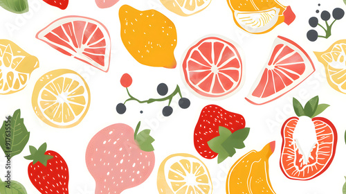 Seamless Watercolor Flat Lay Composition With Fresh Fruits With Leaves a Vibrant Pattern on a Plain Background Print for Textile, Packaging, Banner, Decor, Wrap, Fashion, Accessories, Web, Social.