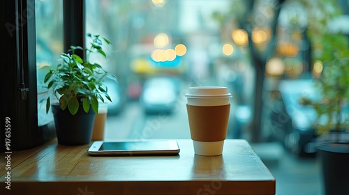 Wallpaper Mural coffee cup on wooden counter and smartphone, notebook placed on digital tablet in front of window, take a break and relax after work in coffee shop with reading book in background. Torontodigital.ca