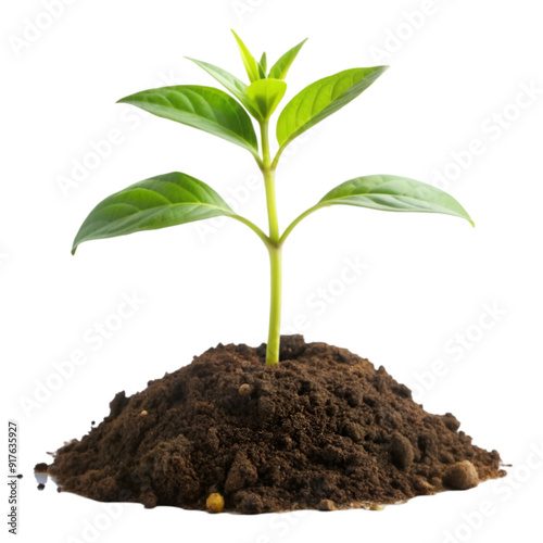 Young green plant growing out of black soil