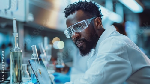 Modern Laboratory: Male Scientists Engaged in Laptop Work