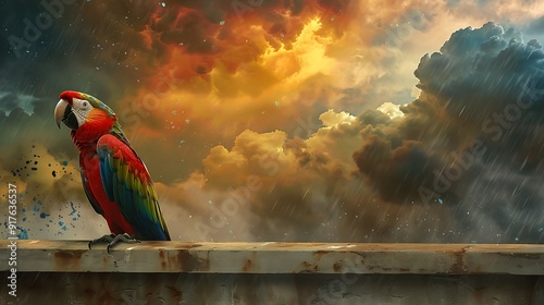 A striking parrot artwork on a wall with a dramatic, stormy weather background, created with digital art photo