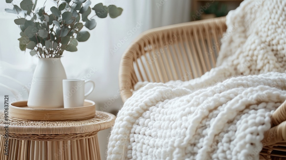 rattan furniture in cozy living room. Modern interior design in loft apartment. White knitted blanket on bamboo armchair. Side table with rattan tray and eucalyptus branches in ceramic vase rattan furniture in cozy living room. Modern interior design in loft apartment. White knitted blanket on bamboo armchair. Side table with rattan tray and eucalyptus branches in ceramic vase