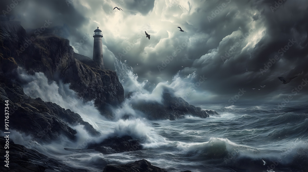 Fototapeta premium Dramatic, rocky cliffs, crashing waves, rugged, coastal, high quality, seagulls, lighthouse, stormy, wild, panoramic, breathtaking, photorealistic