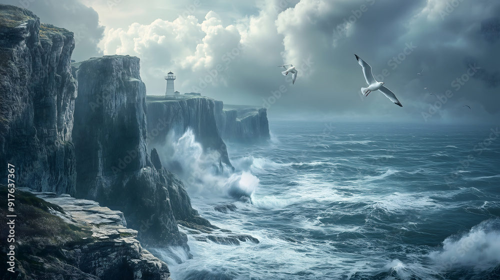 Dramatic, rocky cliffs, crashing waves, rugged, coastal, high quality, seagulls, lighthouse, stormy, wild, panoramic, breathtaking, photorealistic Dramatic, rocky cliffs, crashing waves, rugged, coastal, high quality, seagulls, lighthouse, stormy, wild, panoramic, breathtaking, photorealistic