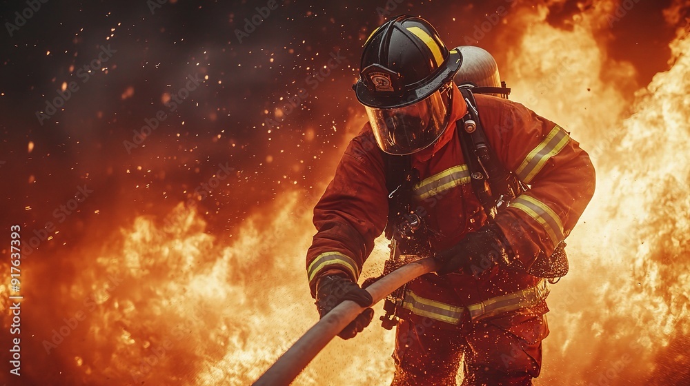 fighter in action, battling flames with a hose, showcasing courage and determination fighter in action, battling flames with a hose, showcasing courage and determination