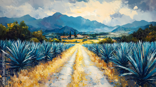 Oil Painting of Vibrant Agave Fields and Tequila Production in Jalisco's Scenic Countryside
