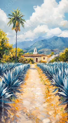 Oil Painting of Vibrant Agave Fields and Tequila Production in Jalisco's Scenic Countryside