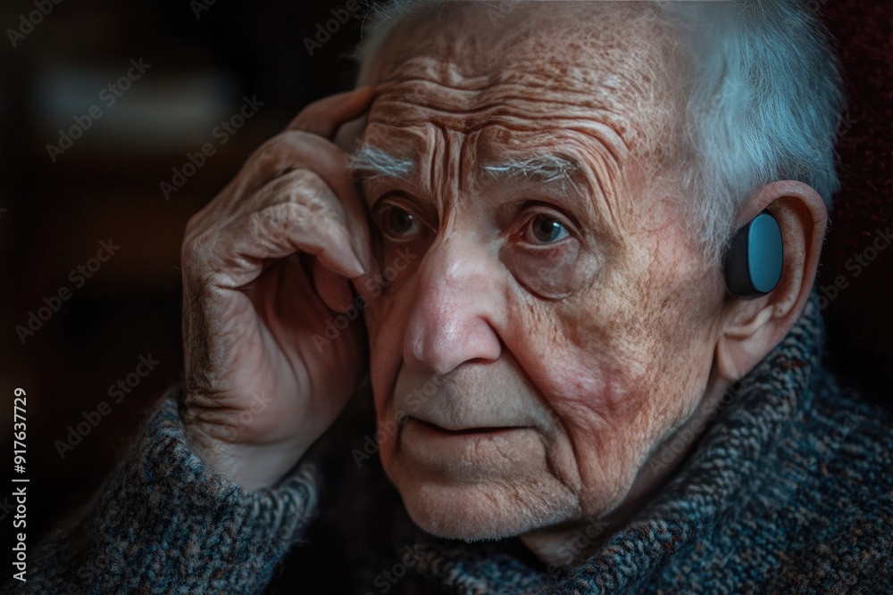 Senior Man in Sweater Using Hearing Aid Device - Portrait of Elderly Technology User