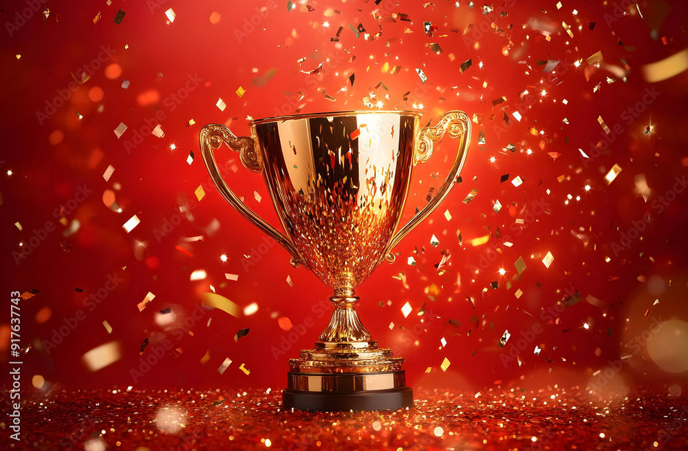 Shiny Golden Trophy with Light Rays and Confetti Against a Dark Background Shiny Golden Trophy with Light Rays and Confetti Against a Dark Background