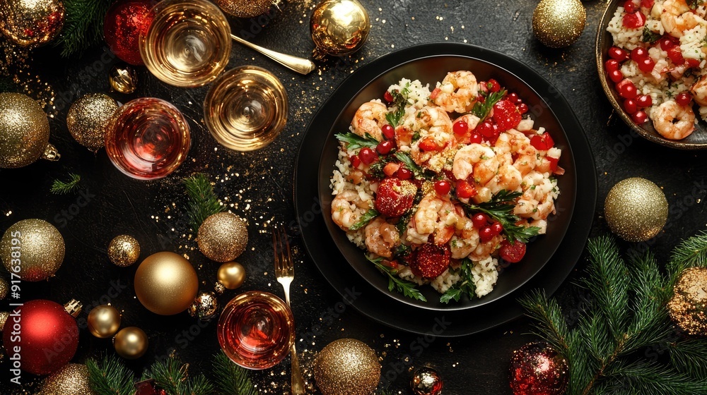 Festive Holiday Shrimp and Quinoa Salad with Ornaments and Berries on a Black Background Festive Holiday Shrimp and Quinoa Salad with Ornaments and Berries on a Black Background