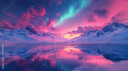 Stunning Arctic Mountain Landscape with Vibrant Northern Lights and Reflective Lake at Sunset