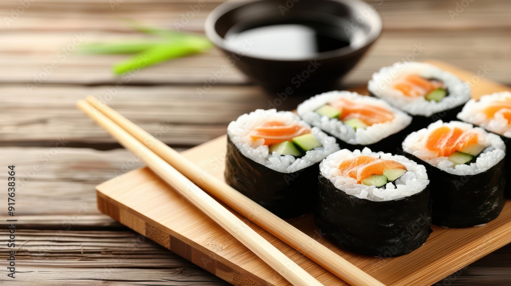 Fresh Sushi Rolls with Salmon and Cucumber on Wooden Board with Chopsticks and Soy Sauce Fresh Sushi Rolls with Salmon and Cucumber on Wooden Board with Chopsticks and Soy Sauce