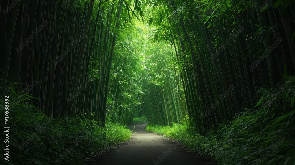 Naklejka premium Serene Pathway Through Lush Green Bamboo Forest with Sunlight Filtering Through Leaves