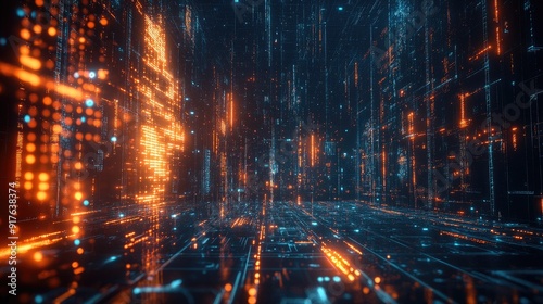 Futuristic Digital Data Network with Glowing Orange and Blue Lights