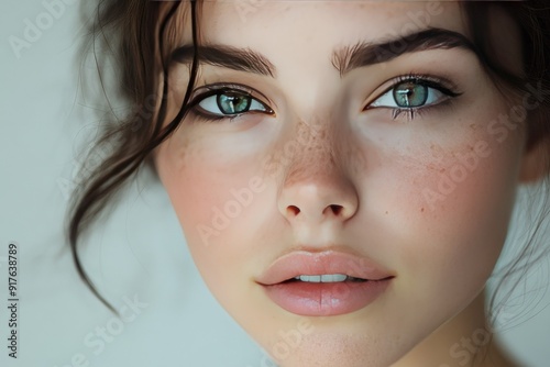 Close-Up Portrait of Woman with Natural Makeup, Freckles, and Green Eyes