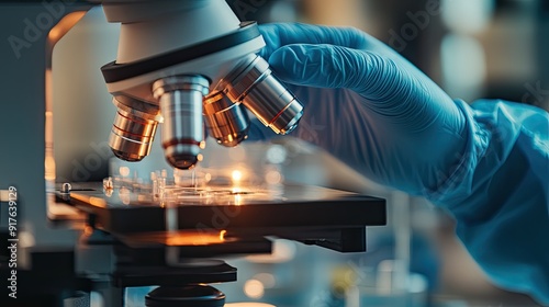 hand of researcher in blue rubber gloves using medical equipment for doing test in laboratory.