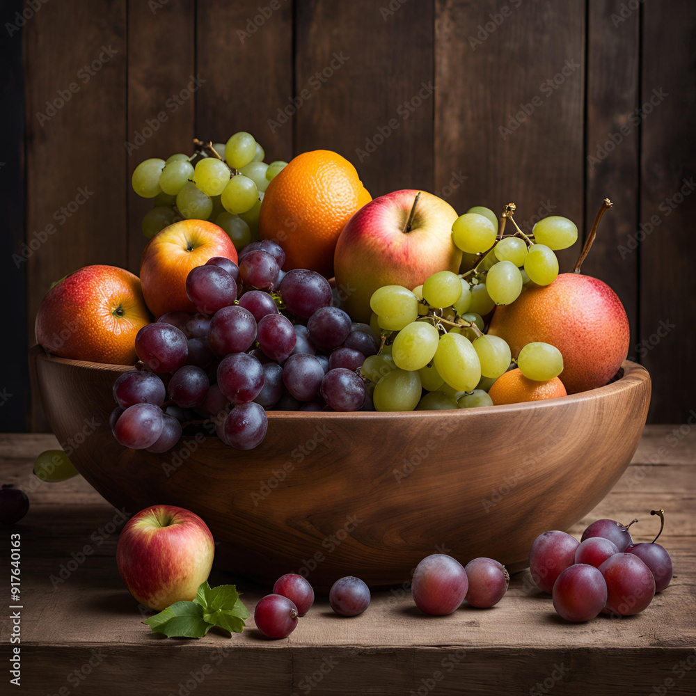 a variety of fruits, arranged in a wooden bowl on a rustic table. Generated IA a variety of fruits, arranged in a wooden bowl on a rustic table. Generated IA
