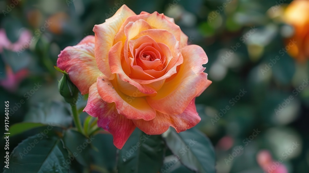 Fototapeta premium A single, vibrant orange and pink rose blooms in a lush garden setting. The petals are soft and delicate, with a hint of yellow.
