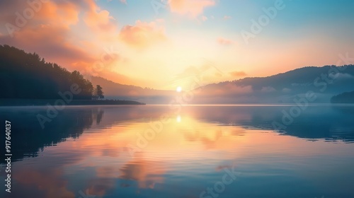 A serene sunrise over a tranquil lake, with mist rising from the water and mountains in the background.  The sky is ablaze with vibrant colors.