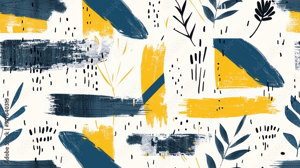 Fototapeta premium Abstract artistic pattern with blue and yellow brush strokes and leaves. Modern and colorful background design