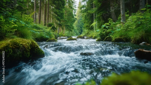 A tranquil river flows through a lush, green forest, with sunlight dappling the water and mossy rocks lining the banks.