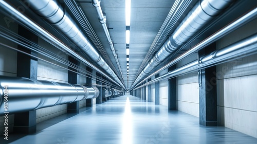 underground corridor with drainage system and metal pipelines for transporting water 