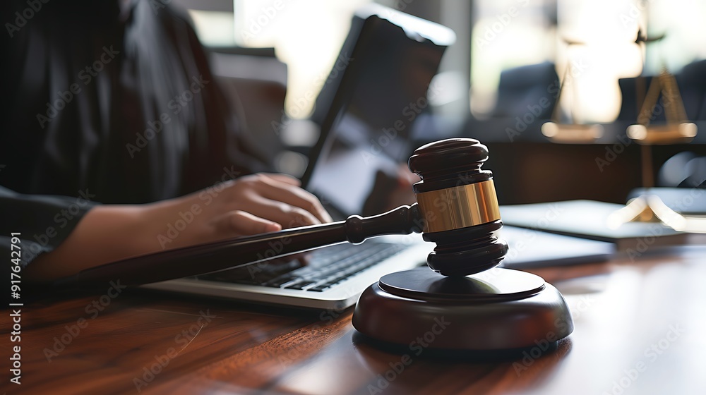 Gavel on a Wooden Desk with a Blurred Lawyer in the Background Gavel on a Wooden Desk with a Blurred Lawyer in the Background