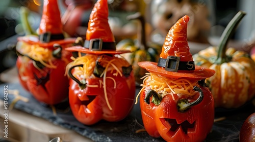 Party food for halloween cheese brooms shaped like witches red filled peppers with frightful cutout faces and other goods