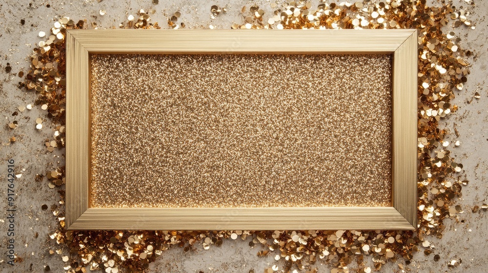 Fototapeta premium Gold (bronze) glitter empty frame on beige gray paper background