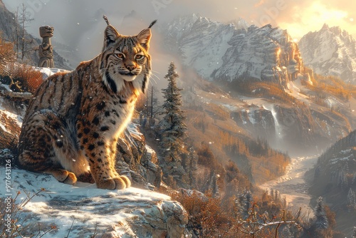 Lynx on Mountain Peak, Snowy Landscape, Majestic Mountain Range