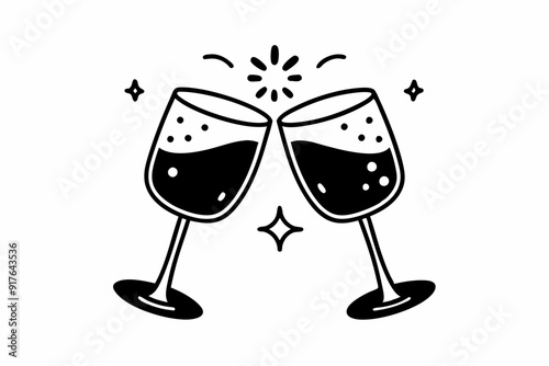 Two glasses of wine. Cheers with wineglasses. Clink glasses icon. Vector illustration
