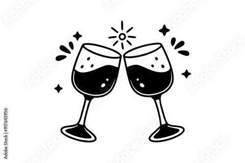 Clink glasses champagnes black vector icon. Two wine glass cheers vector icon. Celebrate party
