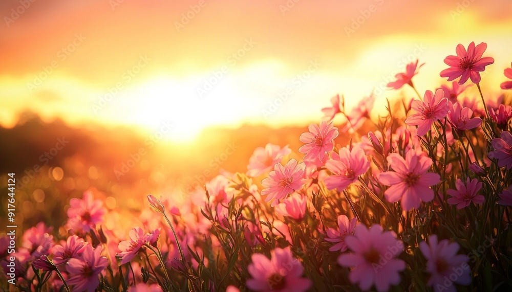 A peaceful sunset over a meadow filled with blooming pink flowers, the golden light of the sun casting a soft glow over the scene, creating a tranquil and beautiful nature background, with the sky A peaceful sunset over a meadow filled with blooming pink flowers, the golden light of the sun casting a soft glow over the scene, creating a tranquil and beautiful nature background, with the sky