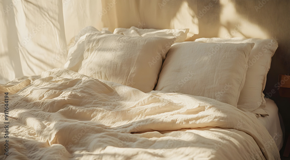 Linen Bed with Pillows and Sheets, White Wall in the Background Linen Bed with Pillows and Sheets, White Wall in the Background