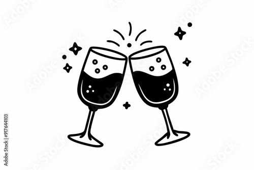 Clink glasses champagnes black vector icon. Two wine glass cheers vector icon. Celebrate party
