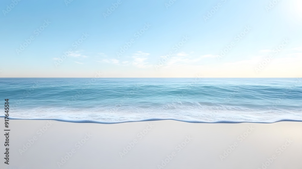 Obraz premium Serene Beachscape: Gentle Waves, Clear Blue Sky, and Soft White Sand Crafting a Tranquil, Spacious Seaside Atmosphere