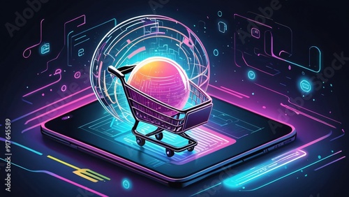 A futuristic, glowing orb surrounded by swirling lines of luxurious, golden code, with a miniature designer shopping cart and a sleek, high-end smartphone in the foreground, symbolizing the fusion of  photo