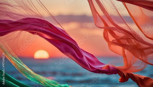 Vibrant silk fabric suspended in mid-air, captured on a cinematic digital canvas