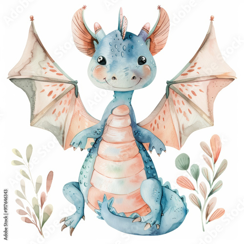 Cute Watercolor Baby Dragon Illustration with Plants and Leaves for Kids' Designs photo