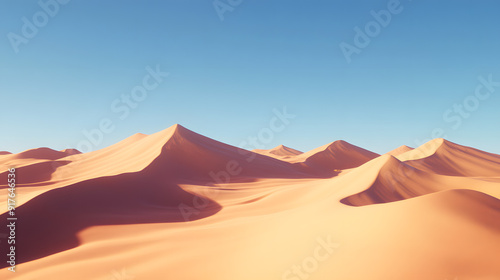 Vast, arid desert, golden sand dunes, endless horizons, high quality, photorealistic, tranquil, remote, camel caravan, nomadic, breathtaking, clear blue sky, oasis, solitude