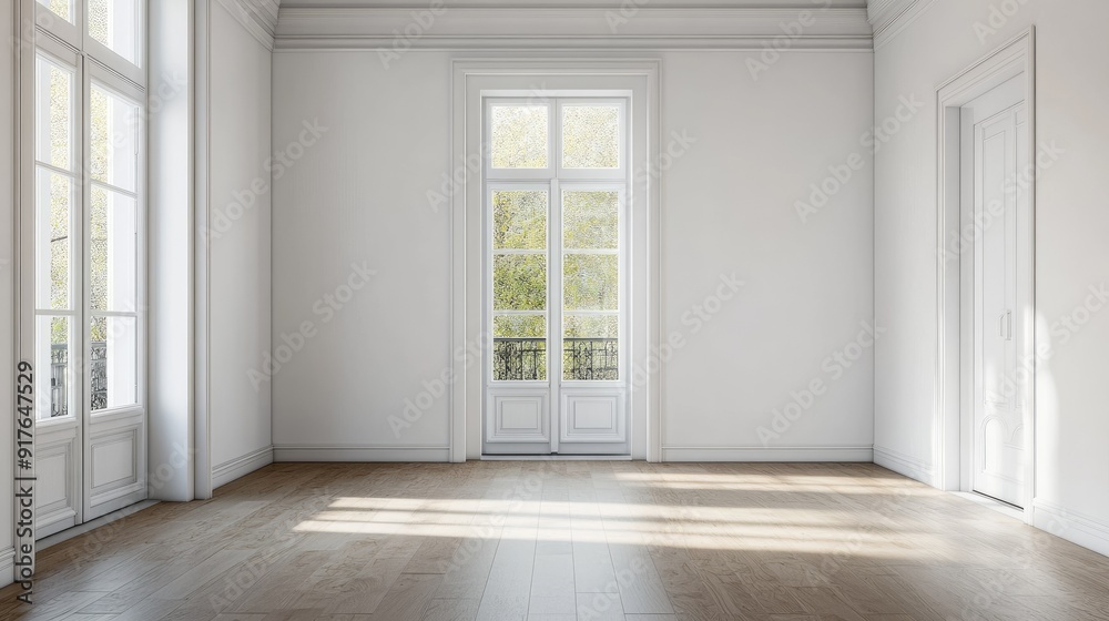 Interior of empty spacious living room with white walls and laminated floor Interior of empty spacious living room with white walls and laminated floor