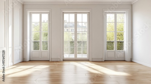 Interior of empty spacious living room with white walls and laminated floor