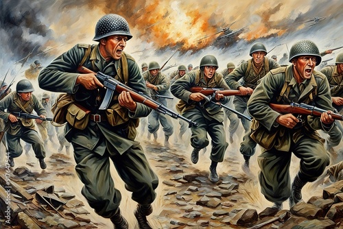 World War II Soldiers Charging into Battle, a painting of a group of men in military uniforms photo