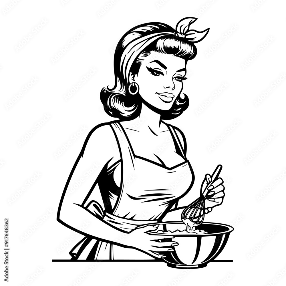 Black and white pop art illustration of a retro woman confidently mixing ingredients in a bowl, wearing an apron and headscarf, showcasing classic 1950s style and vintage domestic charm. Black and white pop art illustration of a retro woman confidently mixing ingredients in a bowl, wearing an apron and headscarf, showcasing classic 1950s style and vintage domestic charm.