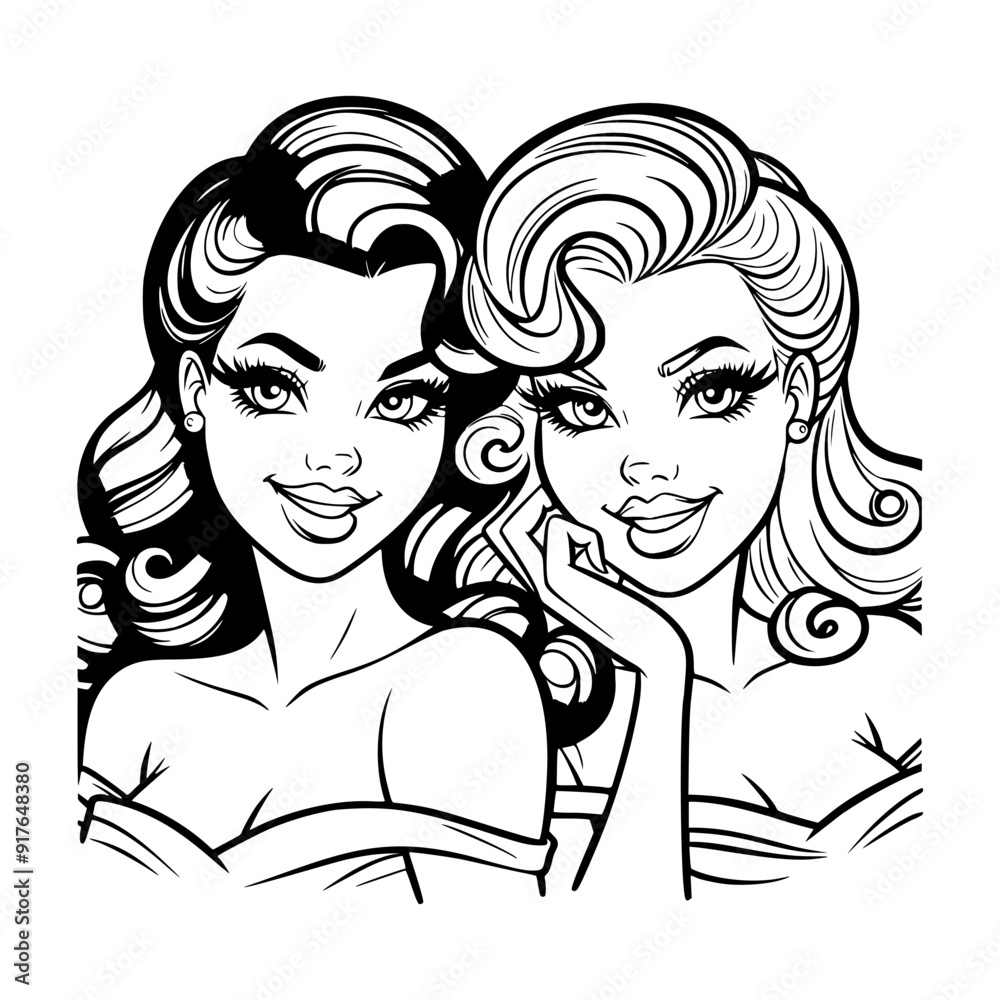 Black and white pop art illustration of two smiling retro women standing close together, showcasing classic 1950s style and vintage charm with a friendly, glamorous vibe. Black and white pop art illustration of two smiling retro women standing close together, showcasing classic 1950s style and vintage charm with a friendly, glamorous vibe.